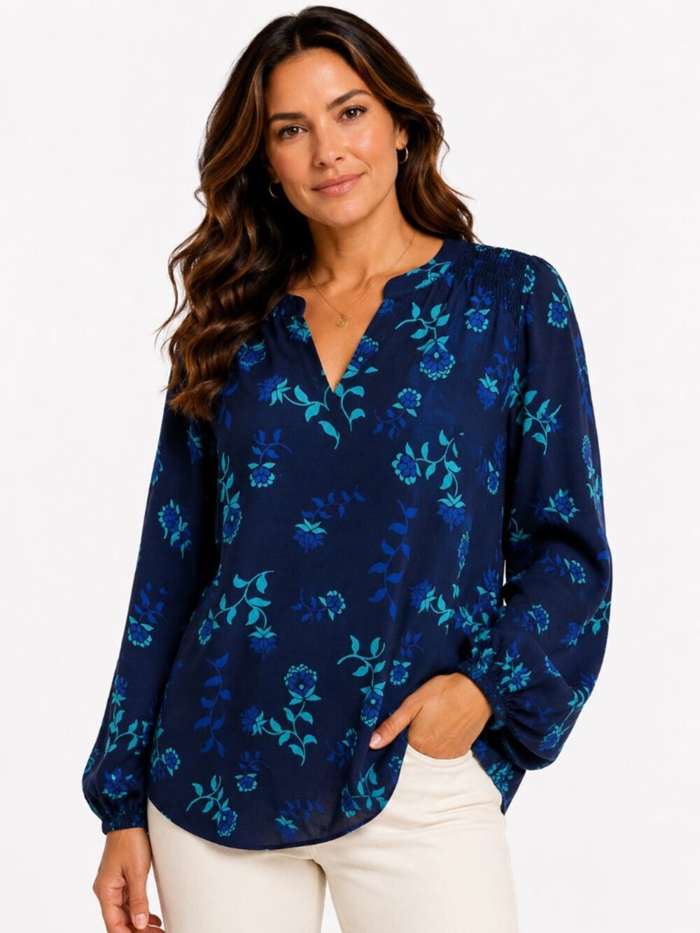 D&Co Blue Floral Smocked Shoulder Peasant Blouse XL QVC